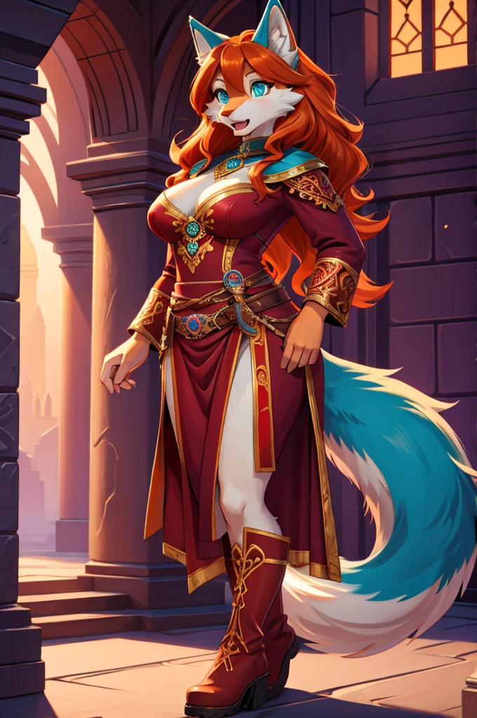 bright colors, fantasy style art, looking at herself in surprise, facing viewer, beautiful anthropomorphic female wolf, mature and young, tall character, 5 feet 11 inches tall, teal eyes, orange and white skin, long wavy bright orange hair, shapely body, skinny body, healthy body, orange and white furry wolf skin, long fluffy wolf tail, curvy chest, large bust, correct anatomy, purple and red warrior outfit, ornate red clothes, fancy purple patterns and symbols, 2 red dress coattails hanging down her sides, high brown leather boots, long draping red sleeves, surprised,, open mouth, curious expression, wide eyes, standing in a purple stone temple, high quality digital art, 2k, professional illustration, highly detailed
