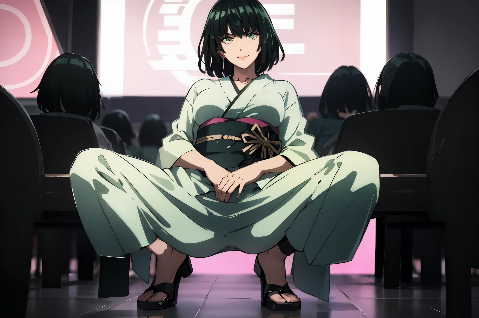 green eyes, (green color hair:1.2),By bang,short hair,
BREAK (yukata:1.2),
BREAK squatting, spread legs, seductive smile, on stage, flashing lights, hands on hips,
BREAK (masterpiece:1.2), best quality, high resolution, unity 8k wallpaper,NSFW ,(illustration:0.8), (beautiful detailed eyes:1.6), extremely detailed face, perfect lighting, extremely detailed CG, (perfect hands, perfect anatomy),