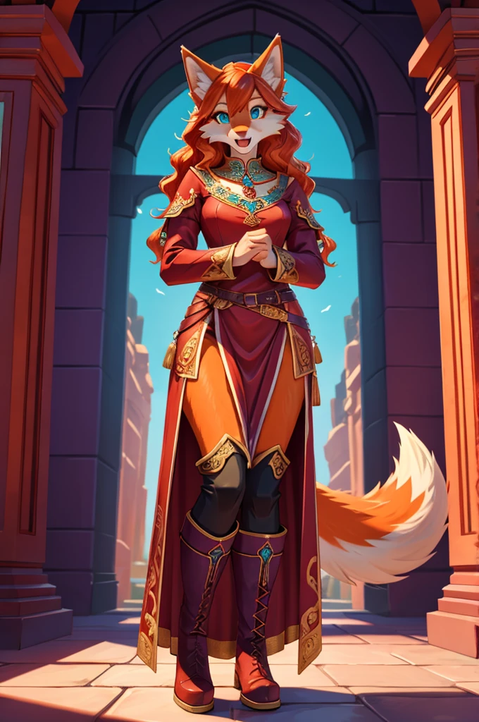 bright colors, fantasy style art, looking at herself in surprise, facing viewer, beautiful anthropomorphic female wolf, mature and young, tall character, 5 feet 11 inches tall, teal eyes, orange and white skin, long wavy bright orange hair, shapely body, skinny body, healthy body, orange and white furry wolf skin, long fluffy wolf tail, modest clothes, chaste, large bust, correct anatomy, purple and red warrior outfit, ornate red clothes, fancy purple patterns and symbols, 2 red dress coattails hanging down her sides, high brown leather boots, long draping red sleeves, surprised, open mouth, curious expression, wide eyes, standing in a purple stone temple, high quality digital art, 2k, professional illustration, highly detailed