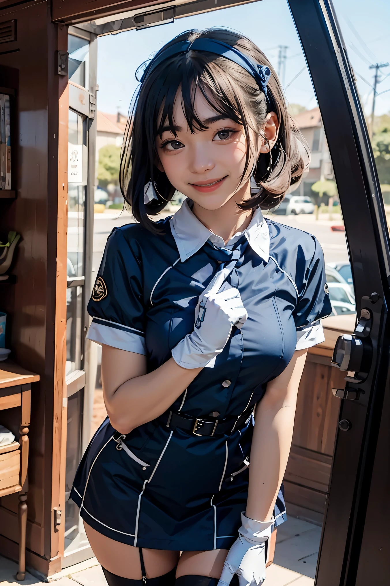 2d, masterpiece, best quality, anime, highly detailed face, highly detailed eyes, highly detailed background, perfect lighting, cowboy shot, 1girl, solo, aki rosenthal, collared dress, short dress, short sleeves, blue jacket, black thighhighs, detached hair, long hair, low twintails, bob cut, necktie, headgear, white gloves, elbow gloves, wide hips, smile, standing, spacecraft interior