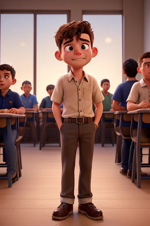 young Caucasian boy, seating in the middle of a circle of older boys, in the back of the classroom, low light, alone, sad, crying. Older boys pointing fingers. 