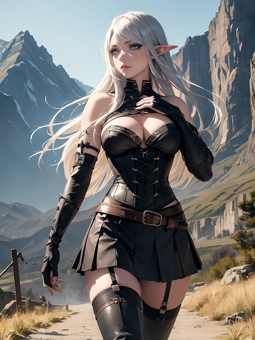 SFW, masterpiece, high quality, 1_woman, ((upper body)), ((hand on hip)), standing, (exotic skin_complexion:1.4), mature, (looking away from the viewer), (pouting face), tall, beautiful, exotic, with long elf ears, long hair, silver hair, detailed face, having diamond shaped eyes, blue eyes, (dark_eyeliner), long_eyelashes medium_bust, wearing fantasy corset, chest window, (black skirts), crossing belts, long fingerless_gloves, belts with metal gears, black thigh highs with embroidery, knee boots with laces, dynamic lighting casts detailed shadows, mountains in distance, walking path, grassy field, night sky, stars, 