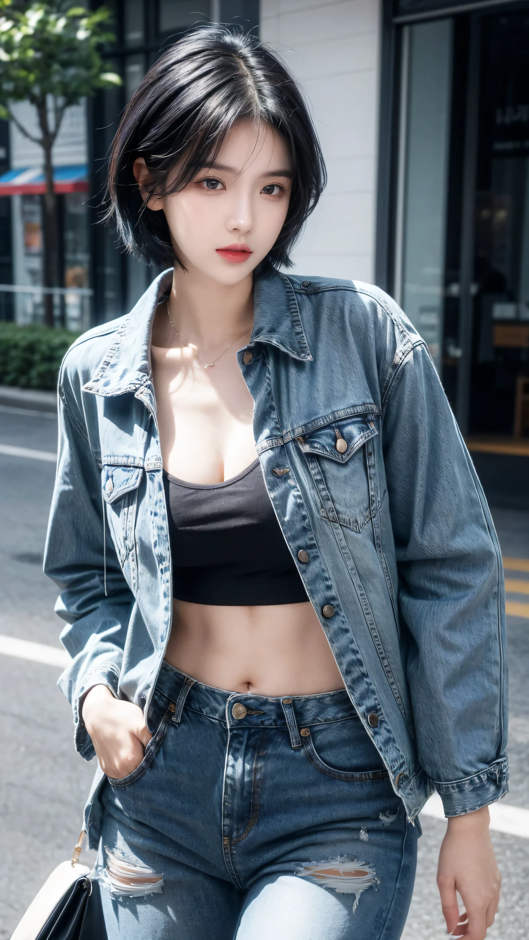 best quality, 1 Girl, dark blue hair, black eyes, Very short hair, Spiky hair, t-shirt, jacket jeans blue, High waist jeans, 171 cm, Messy hair, Hair between the eyes, Medium breasts, full, Tomboy, aldult, 20 years old, 1 Girl