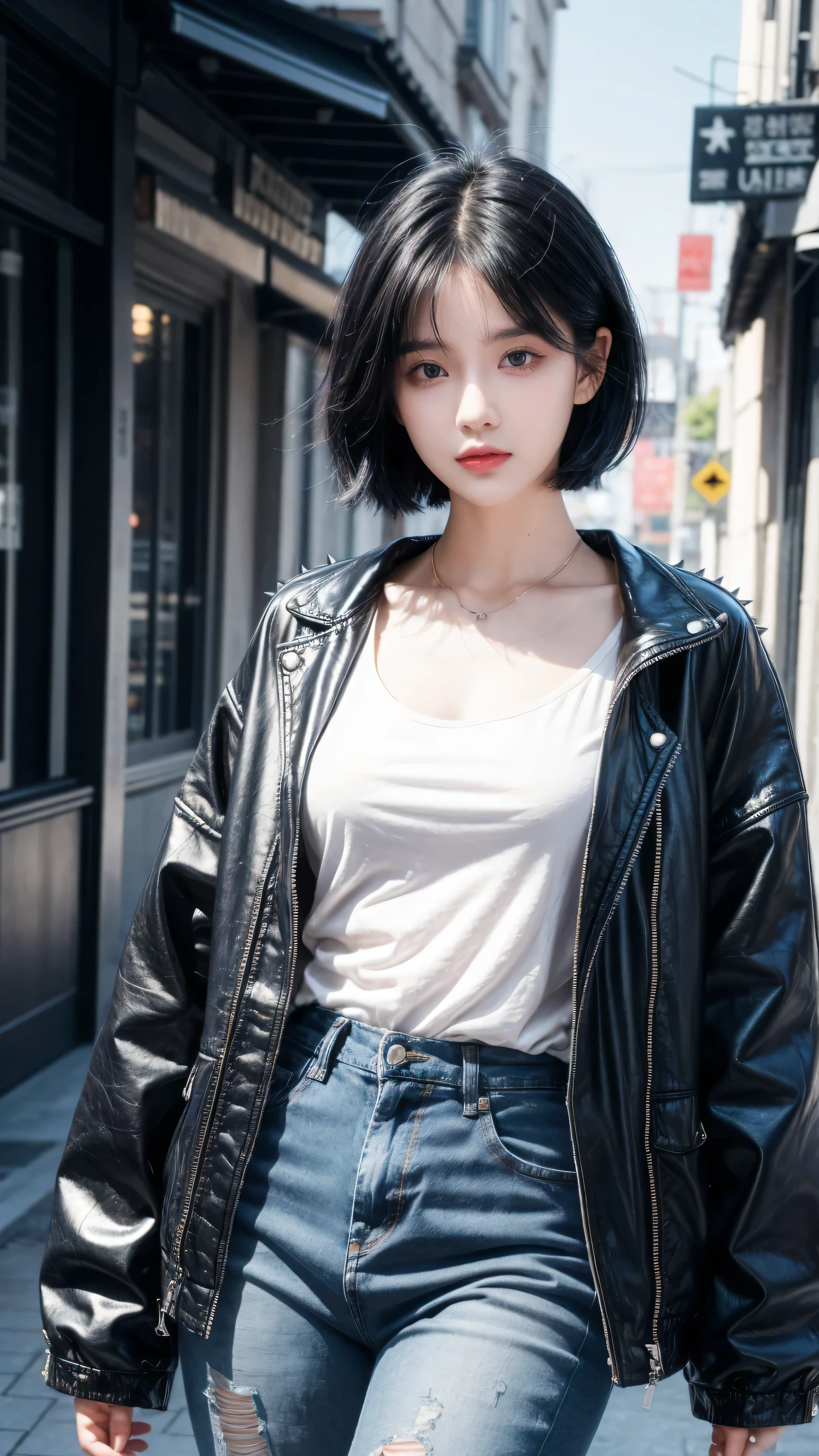 best quality, 1 Girl, dark blue hair, black eyes, Very short hair, Spiky hair, t-shirt, jacket jeans blue, High waist jeans, 171 cm, Messy hair, Hair between the eyes, Medium breasts, full, Tomboy, aldult, 20 years old, 1 Girl