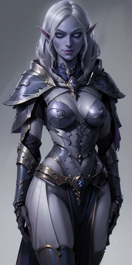 (female drow elf chest covered) (smile) Gray skin, pale golden hair and violet eyes. They prefer clothing of white and silver with cloaks of deep blue or purple, plain background, ((very precise detailed)) ((high res)