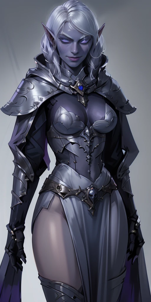(Triplets) (chest covered) (smile) Gray skin, pale golden hair and violet eyes. They prefer clothing of white and silver with cloaks of deep blue or purple, village background, ((very precise detailed)) ((high res)
