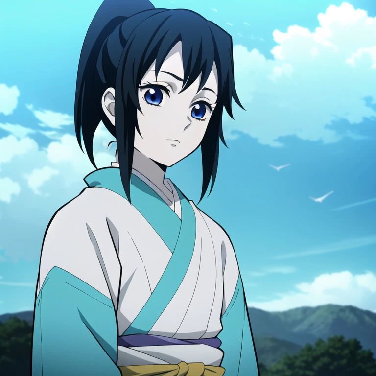(masterpiece:1.3), (best quality:1.3), official art, super detailed, (solo), high detail, Soft Lighting, 16K, high Resolution, high detail skin, perfect skin, RAM Photo, Real Photo, pale skin, (sky blue gradient kimono with white droplet patterns:1.1), (1boy), extremely detailed CG unity 8k wallpaper, ultra detailed, (short hair), (bob-cut hair), (short ponytail), (two colored hair), (black hair, sky-blue hair streaks), young-adult, looking directly at viewer, demon slayer rui fanart, inspired by Okumura Masanobu, anime moe artstyle, 2d anime style, cel - shaded art style, in an anime style, as an anime character, tsuaii, inspired by Awataguchi Takamitsu, inspired by Okumura Togyu, (anime screenshot), (fake anime screenshot)