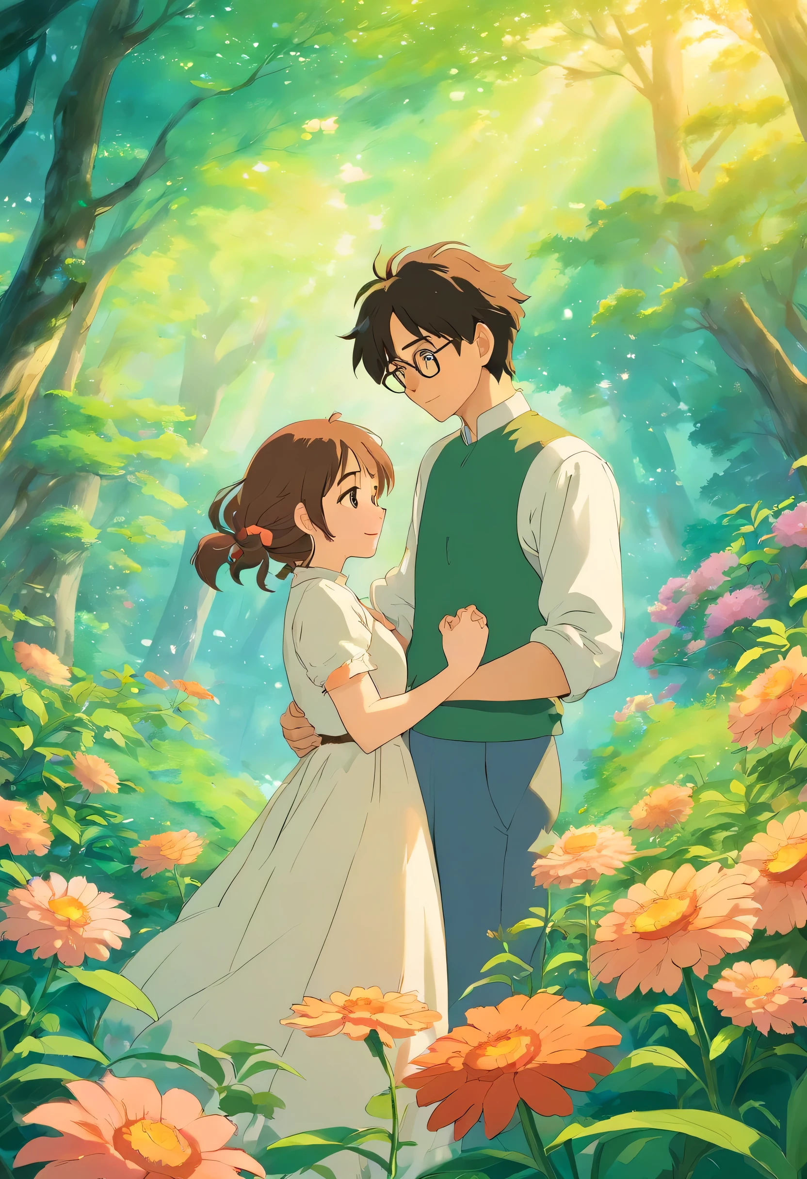 the romance between a young couple immersed in the beauty of nature. Detailed digital art and exquisite painting techniques bring their love story to life. The stunning floral background features a delicate gradient that adds depth and allure.