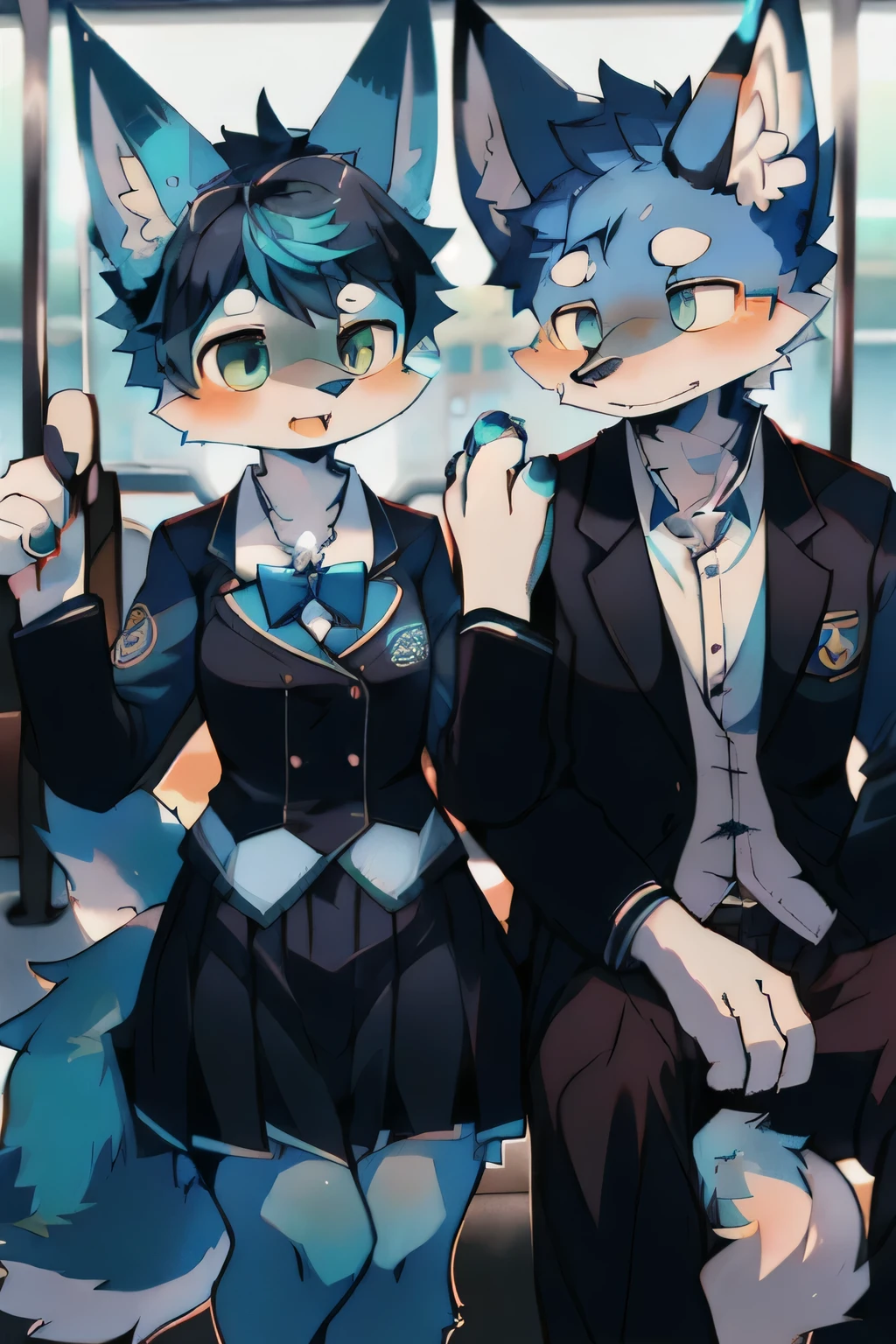 Blue fur, canine, fox motif, girl and boy couple, uniform, train