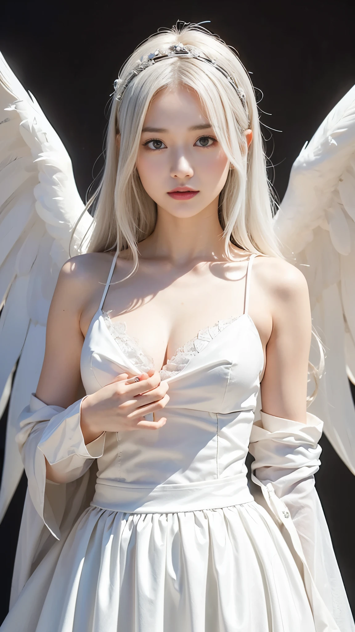 ((highest quality:1.3、8k、masterpiece))、One Girl、Detailed face 1:2、Cute Face、Fine grain、Beautiful woman、Lesbians all over、Angelicales、Angel、White Skirt、White Tops、feather、Gentle light、Light background、Great background、White gold hair、Are standing、((Random sexy poses))