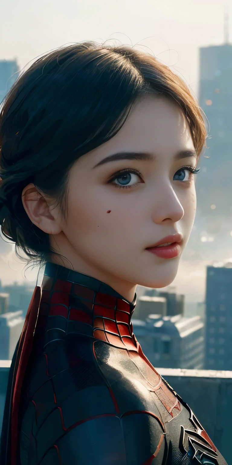 (1girl:1.3), Solo, (((Very detailed face)))), ((Very detailed eyes and face)))), Beautiful detail eyes, Body parts__, Official art, Unified 8k wallpaper, Super detailed, beautiful and beautiful, beautiful, masterpiece, best quality, original, masterpiece, super fine photo, best quality, super high resolution, realistic realism, sunlight, full body portrait, amazing beauty, dynamic pose, delicate face, vibrant eyes, (from the front), She wears Spider-Man suit, red and black color scheme, spider, very detailed city roof background, rooftop, overlooking the city, detailed face, detailed complex busy background, messy, gorgeous, milky white, highly detailed skin, realistic skin details, visible pores, clear focus, volumetric fog, 8k uhd, DSLR, high quality, film grain, fair skin, photo realism, lomography, futuristic dystopian megalopolis, translucent
