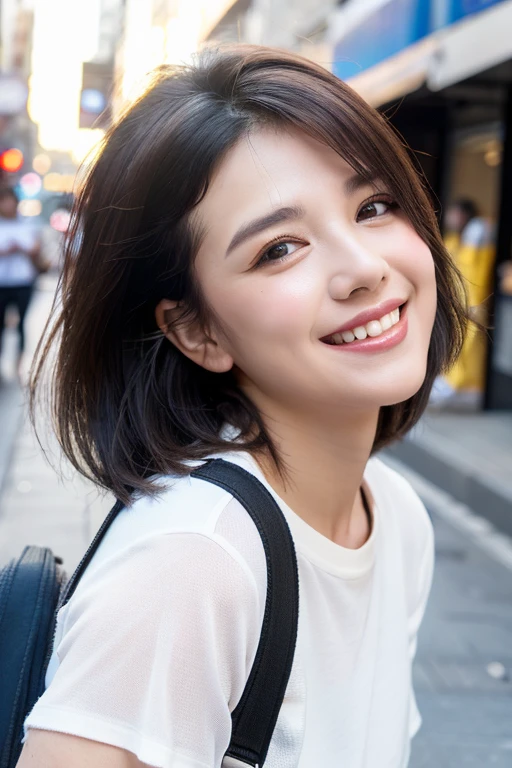 ((highest quality、8k、masterpiece:1.3))、Chubby body type、(Laughter)、(street:1.3)、Detailed face and skin texture、Clear eyes、double eyelid、Whitening skin、(short hair、Air Van:1.3)、(Round face:1.5)、(Casual clothing:1.4)、Japanese women