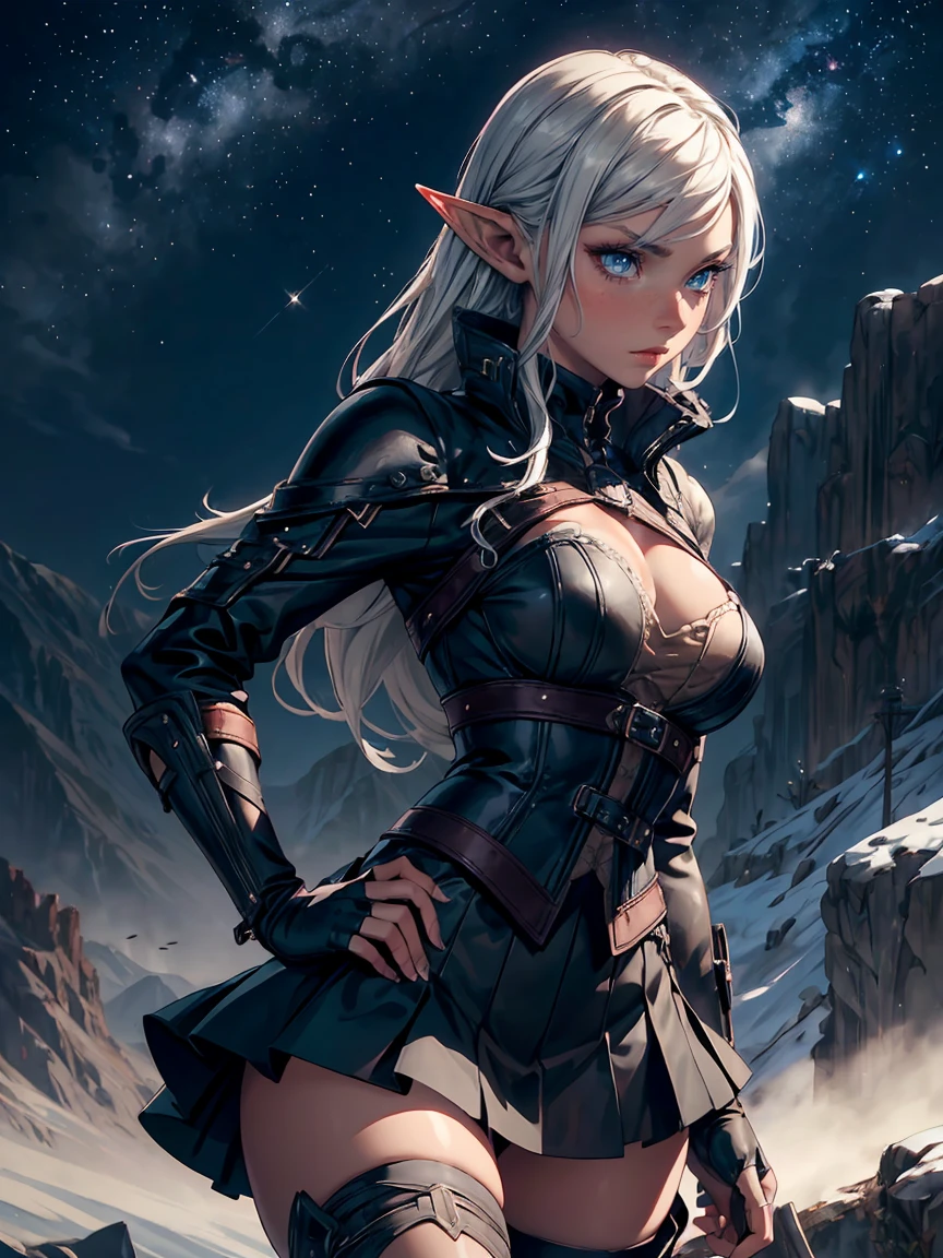 masterpiece, high quality, 1_woman, ((upper body)), ((hand on hip)), standing, (exotic skin_complexion:1.4), mature, (looking away from the viewer), (BLUSHING face), tall, beautiful, exotic, with long elf ears, long hair, silver hair, detailed face, having diamond shaped eyes, blue eyes, (dark_eyeliner), long_eyelashes medium_bust, wearing fantasy corset, chest window, (black skirts), crossing belts, long fingerless_gloves, belts with metal gears, black thigh highs with embroidery, knee boots with laces, dynamic lighting casts detailed shadows, mountains in distance, walking path, grassy field, night sky, stars, 