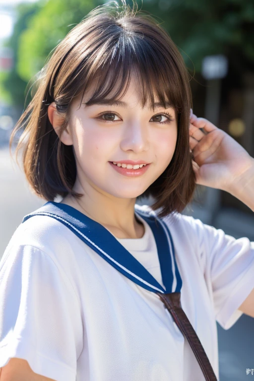 ((highest quality、8k、masterpiece:1.3))、Chubby body type、(Laughter)、(street:1.3)、Detailed face and skin texture、Clear eyes、double eyelid、Whitening skin、(short hair、Air Van:1.3)、(Round face:1.5)、(Casual clothing:1.4)、Japanese high school girl