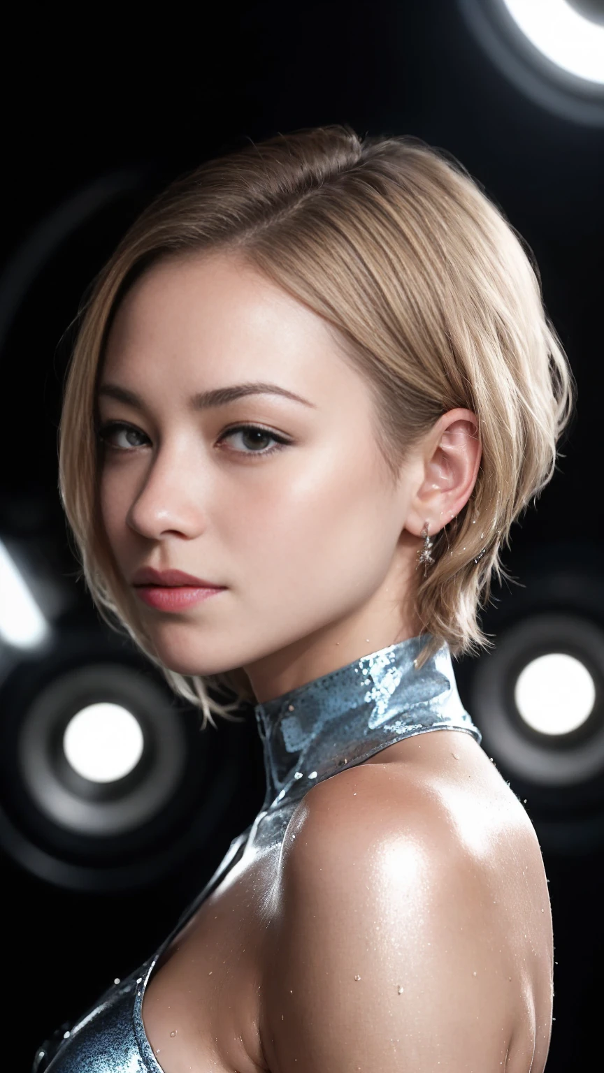 Photo of yvonne strahovski at the in a mech suit, solo, blue eyes, reverse bob haircut, shiny skin, WET skin, shiny glossy skin, glossy skin, oily skin, black background headshot, warm atmosphere, photograph, photoshoot, Captured by Panavision Panaflex Platinum Camera with Panavision Primo Primes Spherical Lens 75mm T1.9