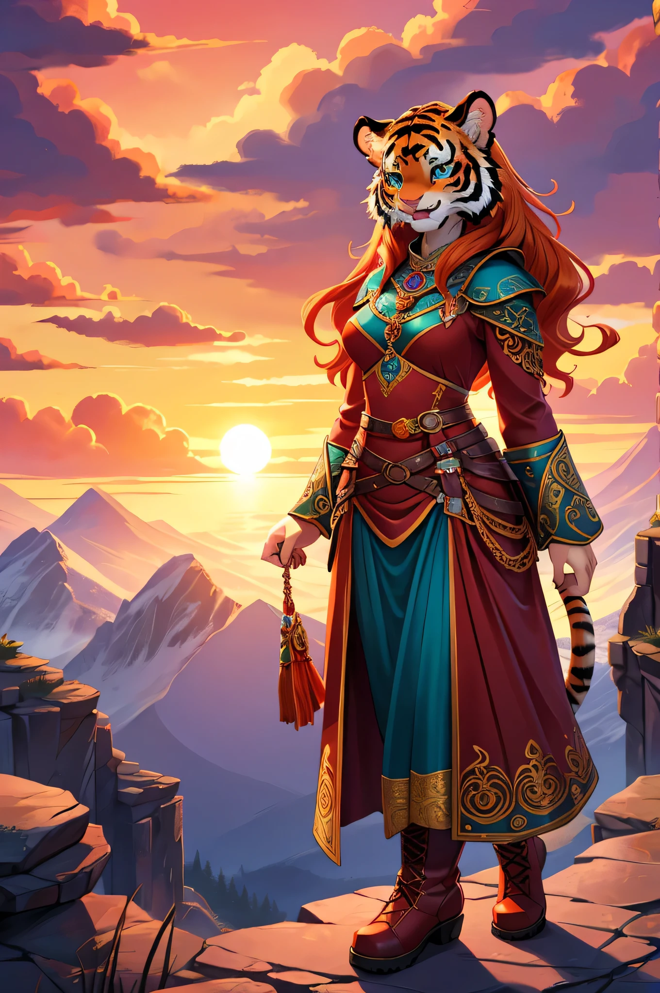 bright colors, fantasy style art, looking at herself in surprise, facing viewer, beautiful anthropomorphic female tiger, mature and young, tall character, 5 feet 11 inches tall, teal eyes, orange and white tiger fur, long wavy bright orange hair, shapely body, skinny body, healthy body, orange and white striped furry tiger skin, long fluffy tiger tail, modest clothes, chaste, large bust, correct anatomy, purple and red warrior outfit, ornate red clothes, fancy purple patterns and symbols, 2 red dress coattails hanging down her sides, high brown leather boots, long draping red sleeves, surprised, open mouth, curious expression, wide eyes, standing on top of a mountain, at the mountain peak, sunset, brilliant cloudy sky, sunset lighting up the clouds, high quality digital art, 2k, professional illustration, highly detailed
