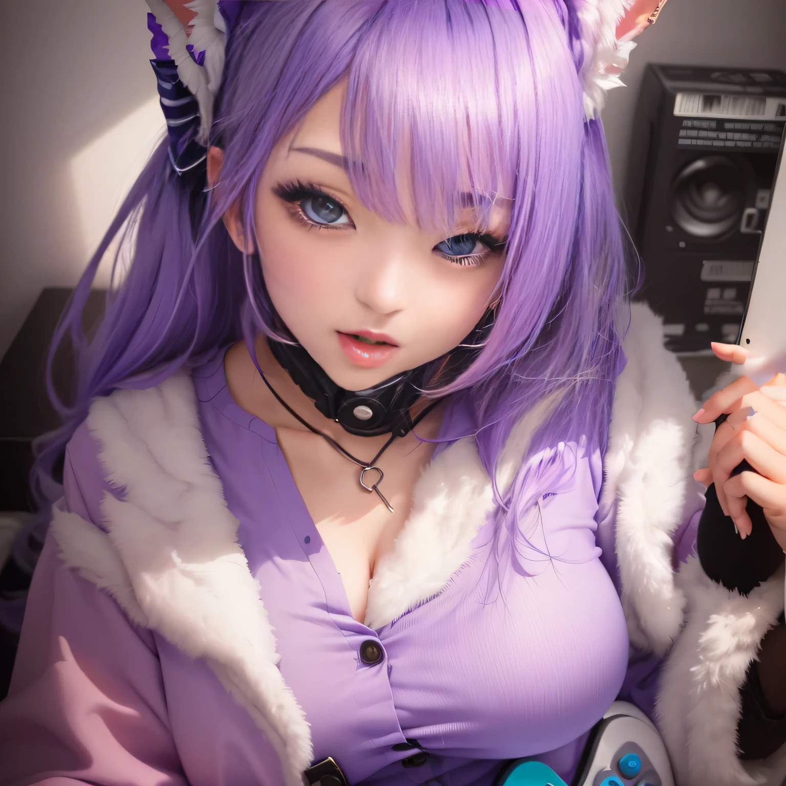 A young girl in a purple shirt is holding a Wii controller, Ahegao, kemonomimi, Ahegao face, anime girl Cosplay, shikamimi, anime Cosplay, Cosplay, Real life anime girls, ayaka Cosplay, Stop 4 *, sakimichan, Stop 4, Chiho, Rena Nainen style 3/4