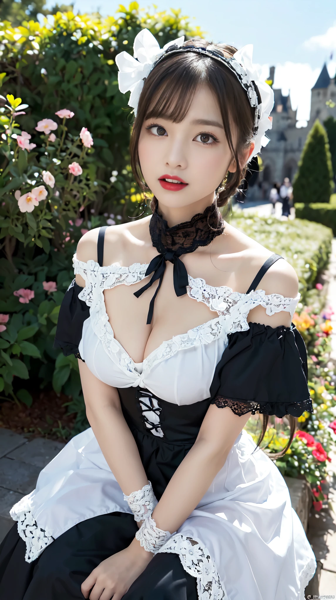 ((18 year old Japanese girl, 1 person)), (((Gothic Lolita Fashion:1.3)),(((Lace off-the-shoulder dress))),(((Outfit with intricate lace detailing))),(Emphasize large breasts:1.3),(European castle background:1.3),(Flowerbed with colorful flowers blooming in the garden),(squat:1.3),(The contrast of light and shadow makes the subject appear three-dimensional),Pretty and beautiful girl,Cute round face,Cute Smile,Blushing,Red lips,(Silvery white hair,Floral knit headband,Half Up、Floral braided space buns,Voluminous fishtail braid,Twisted pan,),(The bangs are see-through),hairpin,hair ornaments,Detailed clothing features,Detailed hair features,Detailed facial features,(Dynamic Angle),BREAK ceremony,((Random sexy poses、put in、Deep pleasure, Ecstatic eyes:1.2)), ((I gasp hard:1.2))、Ecstatic face、Climax expression, Through clenched teeth、My whole body is convulsing、Official Art，Highly detailed CG Unity 8k wallpaper, (masterpiece:1.0),(highest quality:1.0), photo shoot, 8k, Browsing Caution, High resolution, Kodak Portrait 400, Film Grain, Lens flare brilliance,Very low camera angle, View your audience