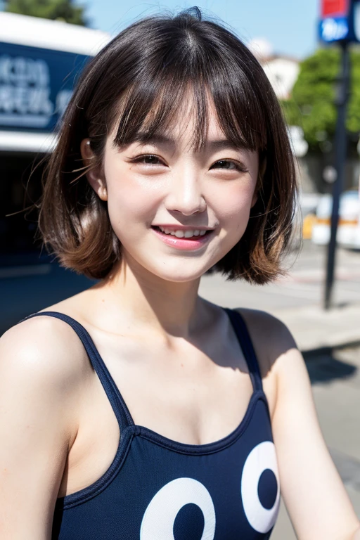 ((highest quality、8k、masterpiece:1.3))、Chubby body type、(Laughter)、(street:1.3)、Detailed face and skin texture、Clear eyes、double eyelid、Whitening skin、(short hair、Air Van:1.3)、(Round face:1.5)、、Japanese high school girl、Dark blue one-piece swimsuit