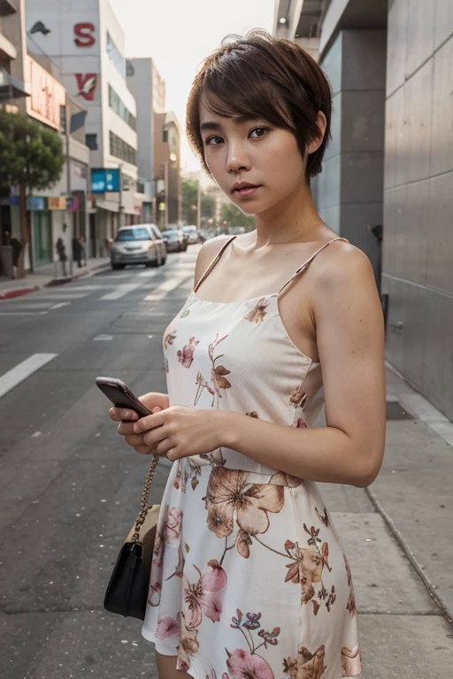 on the streets of Los Angeles, korean girl, holding cell phone, eye contact with viewer, clear skin, extremely short hair, pixie haircut, brown hair, floral dress