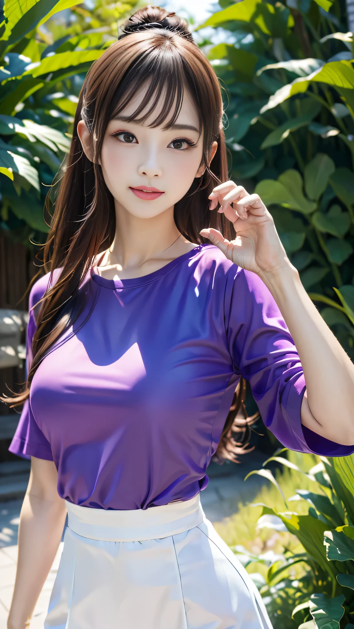 (SFW:1.5)、Real、high resolution、８K、、Young girl in a purple shirt, Ahegao, kemonomimi, Ahegao face, anime girl Cosplay, shikamimi, anime Cosplay, Cosplay, Real life anime girls, ayaka Cosplay, Stop 4 *, sakimichan, Stop 4, Chiho, Rena Nainen style 3/4、(Anatomically correct)、（Perfect Body Proportions)、(Natural Hands、Natural Fingers)