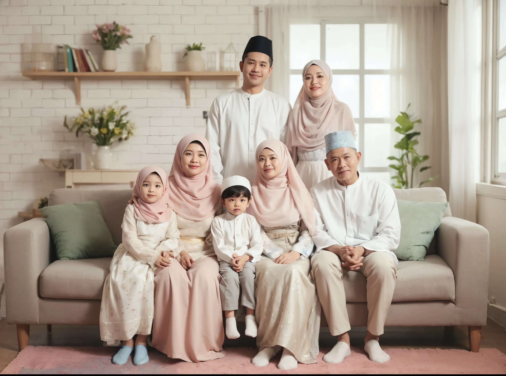 Indonesian family photo, six members, 60-year-old father and mother, one woman and three men, they are wearing matching blue and black batik shirts, and a blue-black Muslim kebaya, wearing hijabs, realistic photo, living room background, daylight lighting, green flower vase, best photography, UHD, 32K 