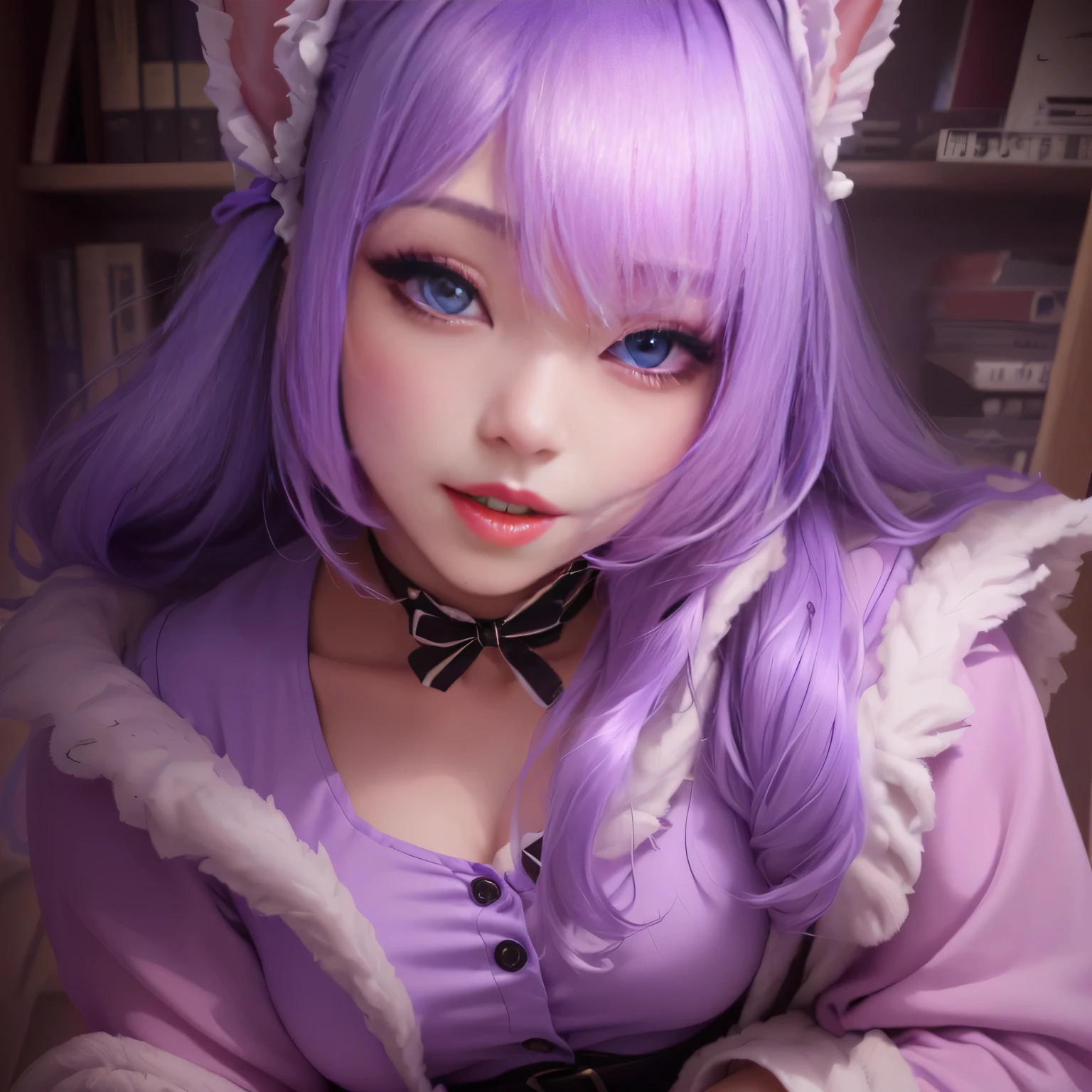 (SFW:1.5)、Real、high resolution、８K、Young girl in a purple shirt, , kemonomimi,  face,  Real life anime girls,  Stop 4, 