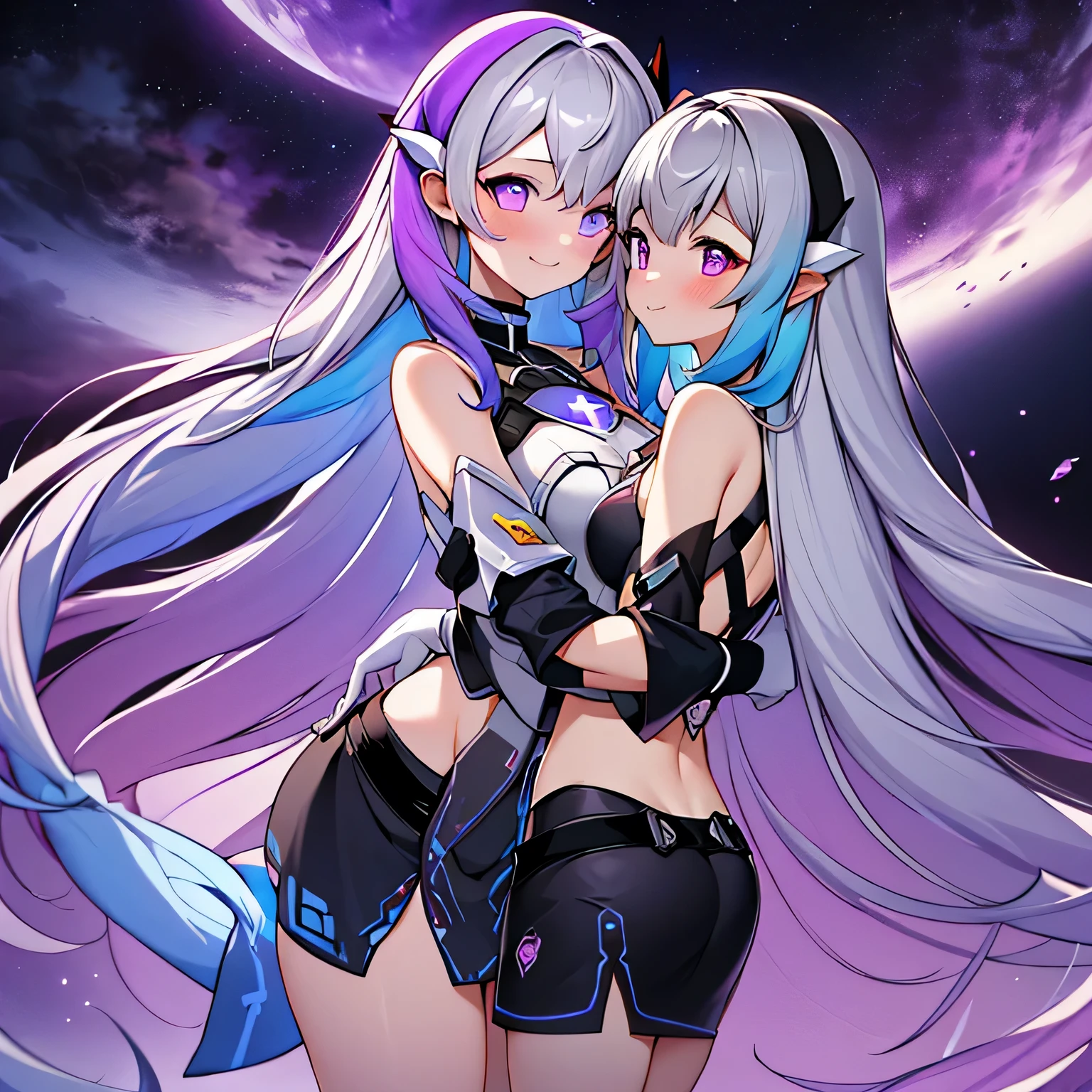 masterpiece, best quality, ,yinji,(2girls,multiple girls, :1.2), hug,kiss,purple eyes, long hair, twin braids, purple hair, multicolored hair, elbow gloves, bangs, very long hair,bare shoulders, black skirt, grey hair, dress, smile, side cutout,covered navel, side cutout,galaxy,star,earth \(planet\),