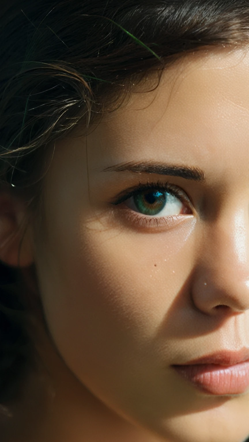 cinematic film still  Ohwx woman in a focus stacking portrait, bathed in a single shade of rich emerald green, highlighting the brown flecks in her eyes, minimalist makeup emphasizing her natural features, a single strand of hair curling across her cheek, a sense of mystery and intrigue. . shallow depth of field, vignette, highly detailed, high budget, bokeh, cinemascope, moody, epic, gorgeous, film grain, grainy, face center on image,