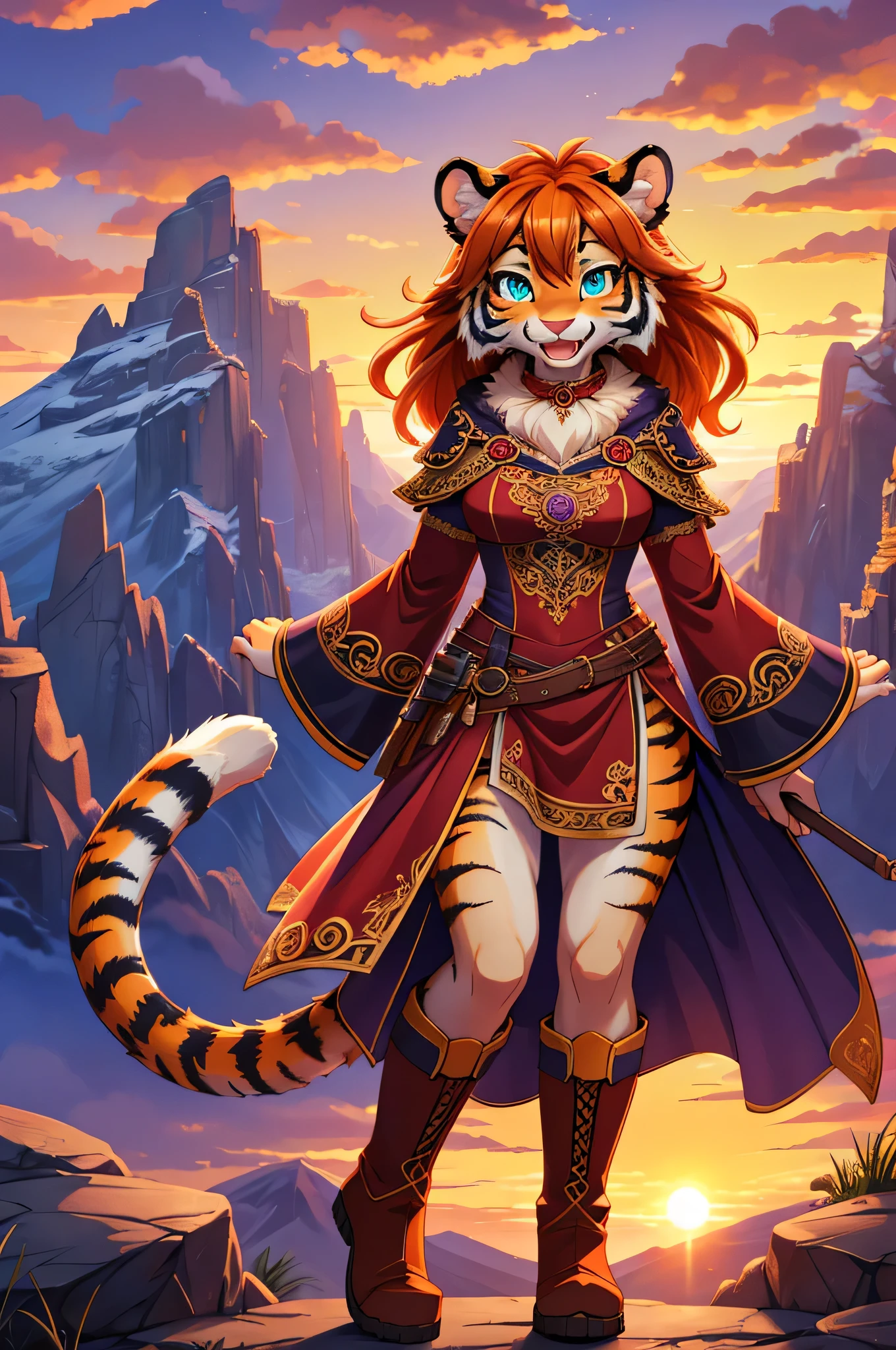 close up portrait, zoomed in image, bright colors, fantasy style art, looking at herself in surprise, facing viewer, beautiful anthropomorphic female tiger, mature and young, tall character, 5 feet 11 inches tall, teal eyes, orange and white tiger fur, long wavy bright orange hair, shapely body, skinny body, healthy body, orange and white striped furry tiger skin, long fluffy tiger tail, modest clothes, chaste, large bust, correct anatomy, purple and red warrior outfit, ornate red clothes, fancy purple patterns and symbols, 2 red dress coattails hanging down her sides, high brown leather boots, long draping red sleeves,  smiling, joyful expression, happy, open mouth, big expressive smile, wide eyes, standing on top of a mountain, at the mountain peak, sunset, brilliant cloudy sky, sunset lighting up the clouds, high quality digital art, 2k, professional illustration, highly detailed
