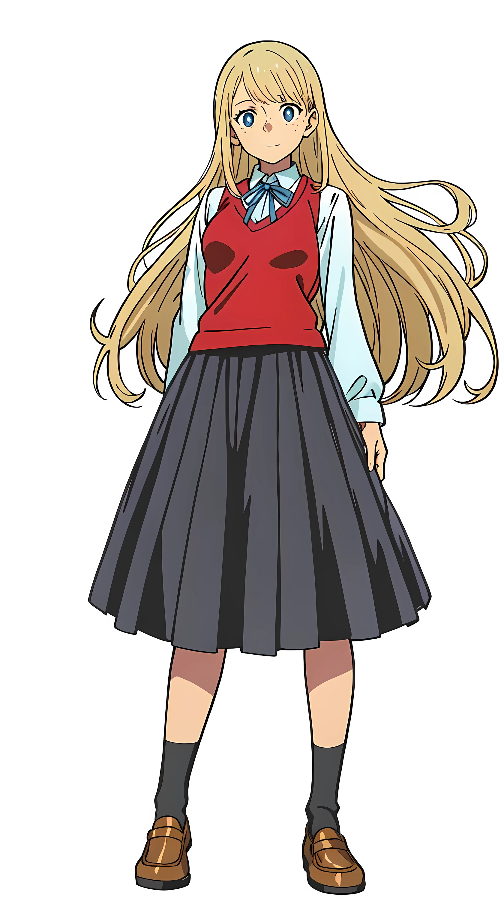 (best quality:1.0), (masterpiece:1.0), (super fine illustration:1.0), (beautiful artwork:1.0), (anime screencap:1.0), (official art:1.0), (european:1.0), (cheerful:1.0), (white background:1.0), (best quality:1.0), (masterpiece:1.0), (super fine illustration:1.0), (beautiful artwork:1.0), (anime screencap:1.0), (official art:1.0), (solo:1.0), (european:1.0), (a 18yo cute girl:1.0), (long skirt:1.0), (black skirt:1.0), (pleated skirt:1.0), (red knit vest:1.0), (white long sleeve collared shirt:1.0), (blue neck ribbon:1.0), (loafers:1.0), (black socks:1.0), (ideal ratio body proportions:1.0), (lanky:1.0), (tall:1.0), (slender:1.0), (small breasts:1.0), (smaller face:1.0), (tareme:1.0), (freckles:1.0), (detailed beautiful eyes:1.0), (detailed beautiful face:1.0), (glowing blue eyes:1.0), (long hair:1.0), (swept bangs:1.0), (blonde hair:1.0), (standing:1.0), (looking at viewer:1.0)