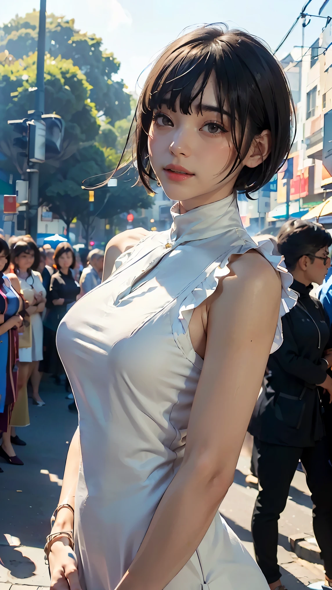 best quality, 1girl, (skindentation), (huge breast:1.2), (blur background:0.6), (street:1.2), (people, crowds:1), garden, day, outdoor, (casual yet stylish, elegant cloth, high neck dress:1.5), gorgeous, (bangs, short hair:1.5), (floating hair:1.2), (dynamic pose:1.2), soft lighting, wind, (front light:1.5),  makeup, 