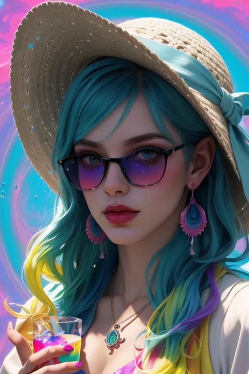 An artistic vision of a male eskimo figure in a psychedelic portrait.
He has light skin with a fearful expression; his lips are painted blue.
Wearing round sunglasses reflecting colorful psychedelic patterns and melting drips surrounding the frames.
His hat and the surrounding area exhibit a vibrant, melting appearance with a mix of tropical colors like pink, yellow, blue, and purple, mimicking the liquefaction of a range of psychedelic flowers and textures.
The background is a swirl of these grandesque psychedelic colors and patterns.
The man also holds a glowing glass with a similarly melting effect in her hand, filled with a bright yellow liquid.
He has blue hair peering out from under her hat and small hoop earrings visible on her ears.
Around her neck, he wears a necklace with a pendant resembling a sea shell.
The overall atmosphere is surreal and dream-like, with an emphasis on vivid, luminescent colors and a fluid, melting motif across the entire composition.
Spectacular view, awe striking, psychedelic, splash art, crazy, breath taking, evocative, fantasy. Hyper Realistic view ,8k photos, in amazing vivid detail,pov_eye_contact,graphic in detail,3D,Cartoon,ADD MORE DETAIL