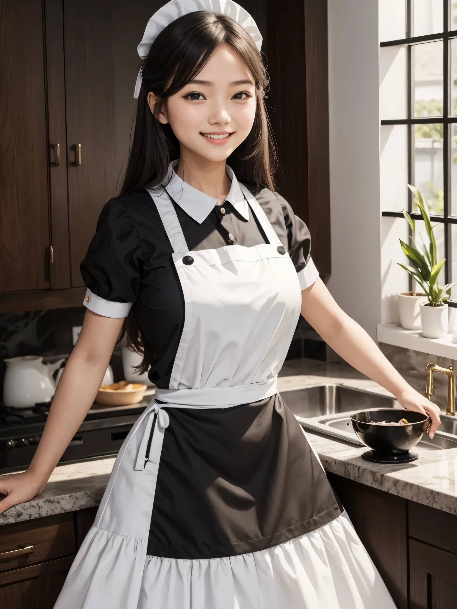 (1girl) Girl with traditional maid outfit, black clothes and white apron, smile