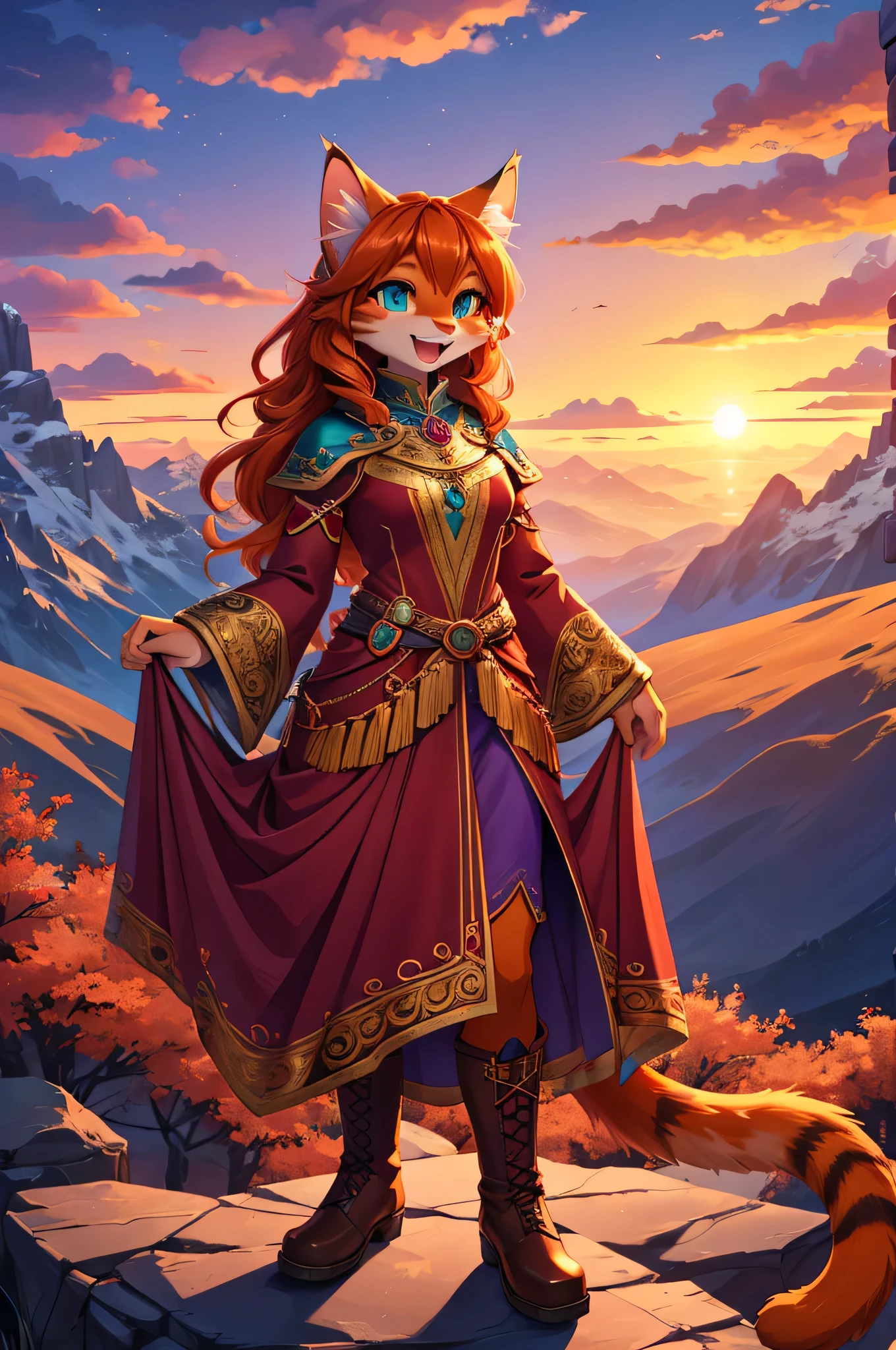 close up portrait, zoomed in image, bright colors, fantasy style art, looking at viewer, facing viewer, beautiful anthropomorphic female cat, mature and young, tall character, 5 feet 11 inches tall, teal eyes, orange and white skin, long wavy bright orange hair, shapely body, skinny body, healthy body, orange and white furry cat skin, long fluffy cat tail, modest clothes, chaste, large bust, correct anatomy, correct tail, purple and red warrior outfit, ornate red clothes, fancy purple patterns and symbols, 2 red dress coattails hanging down her sides, high brown leather boots, long draping red sleeves, smiling, joyful expression, happy, open mouth, big expressive smile, wide eyes, standing on top of a mountain, at the mountain peak, sunset, brilliant cloudy sky, sunset lighting up the clouds, high quality digital art, 2k, professional illustration, highly detailed