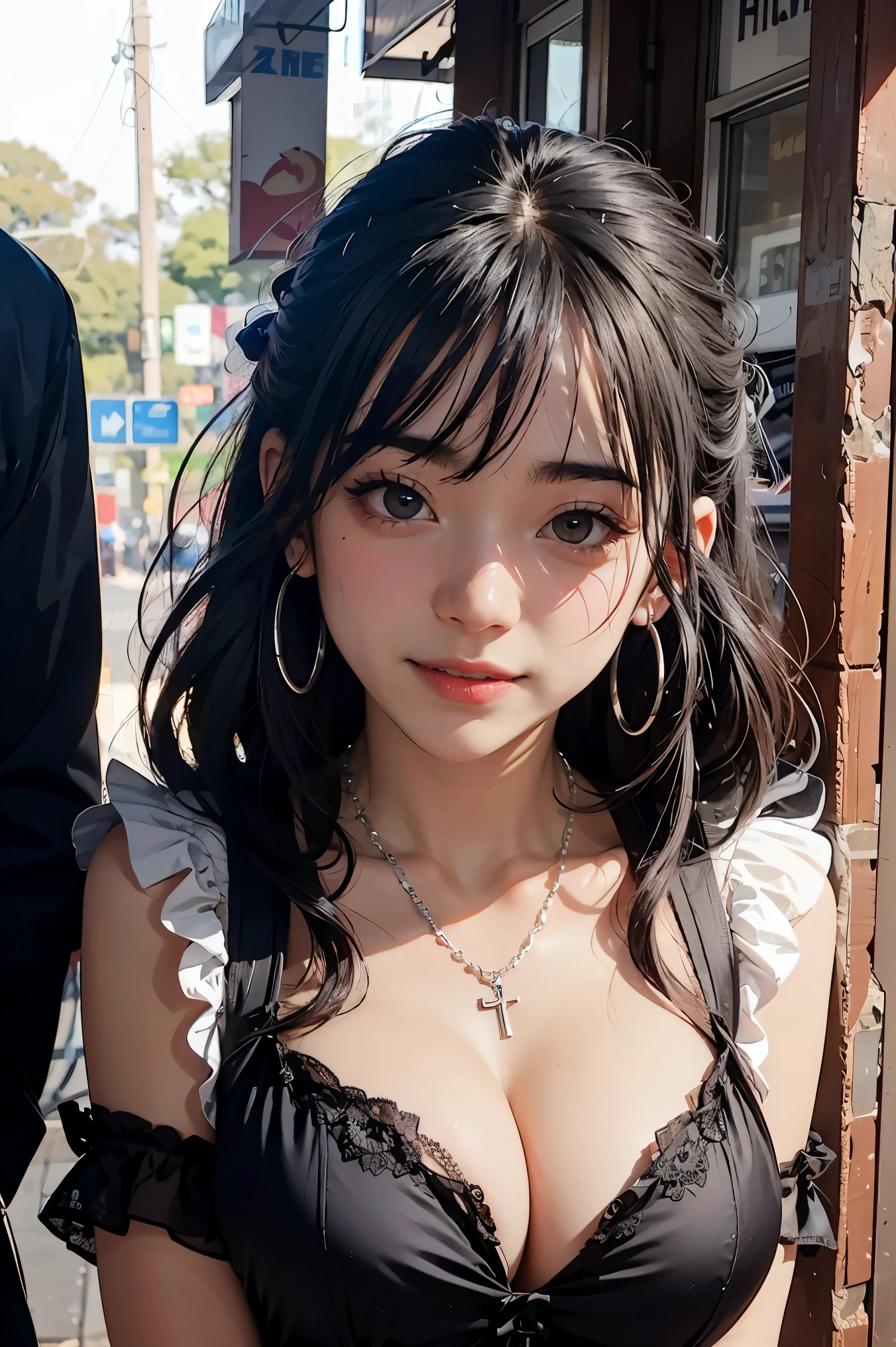 High quality, rich in detail, twin-tailed silver-haired girl posing cutely. They wear vintage Gothic gothic clothes, wearing bracelets, earrings and necklaces. Big are also visible. The photo is a close-up of the face, with cleavage, shiny breasts, sweat in the cleavage, and a sexy vibe.