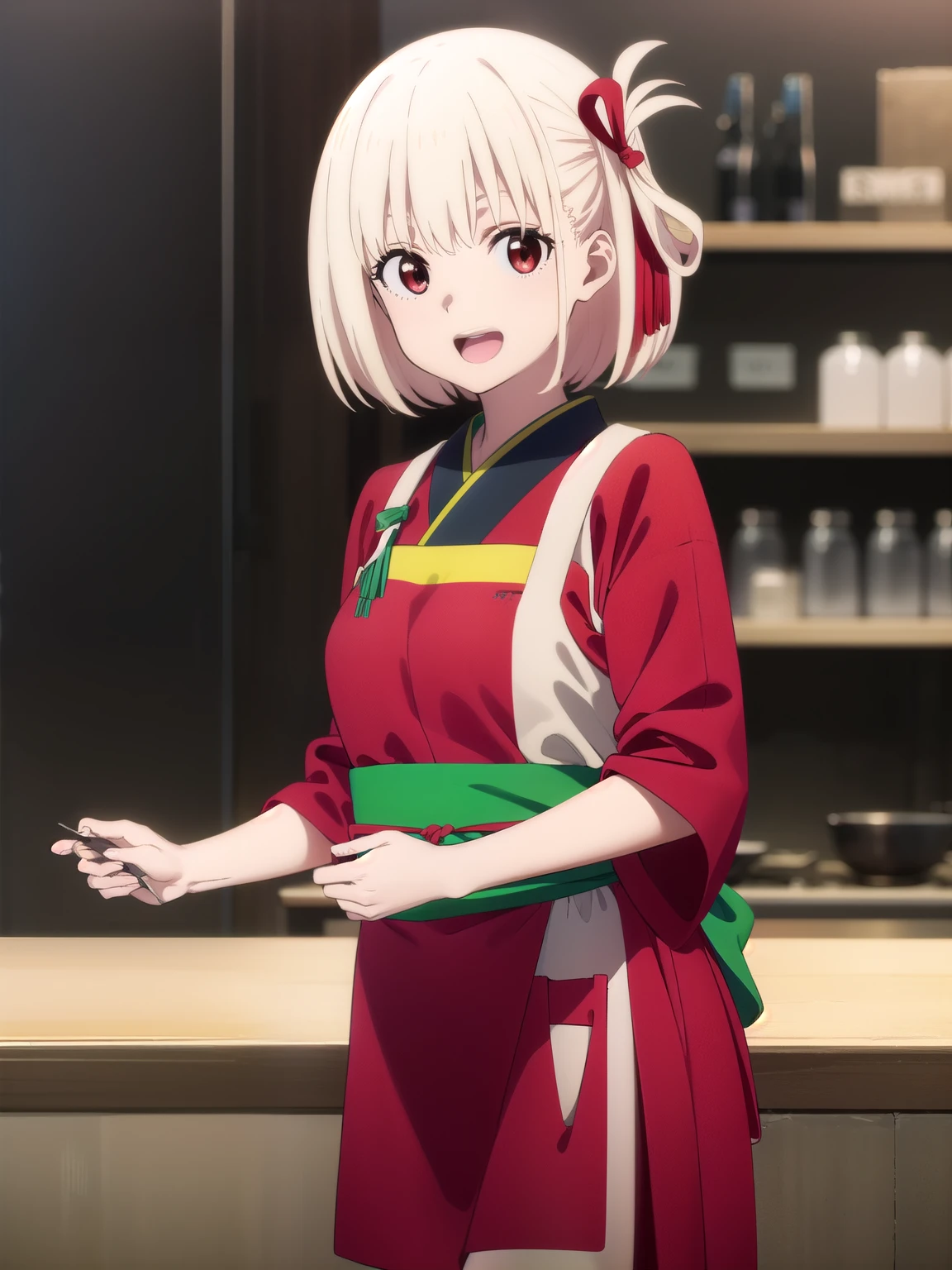 chisatonishikigi, nishikigi chisato, short hair, bangs, blonde hair, (red eyes:1.5), hair ribbon, one side up, bob cut, open mouth, smile,
BREAK japanese clothes, kimono, apron, red ribbon, waitress, red kimono,
BREAK indoors, cafe,
BREAK looking at viewer, (cowboy shot:1.5),
BREAK (masterpiece:1.2), best quality, high resolution, unity 8k wallpaper, (illustration:0.8), (beautiful detailed eyes:1.6), extremely detailed face, perfect lighting, extremely detailed CG, (perfect hands, perfect anatomy),