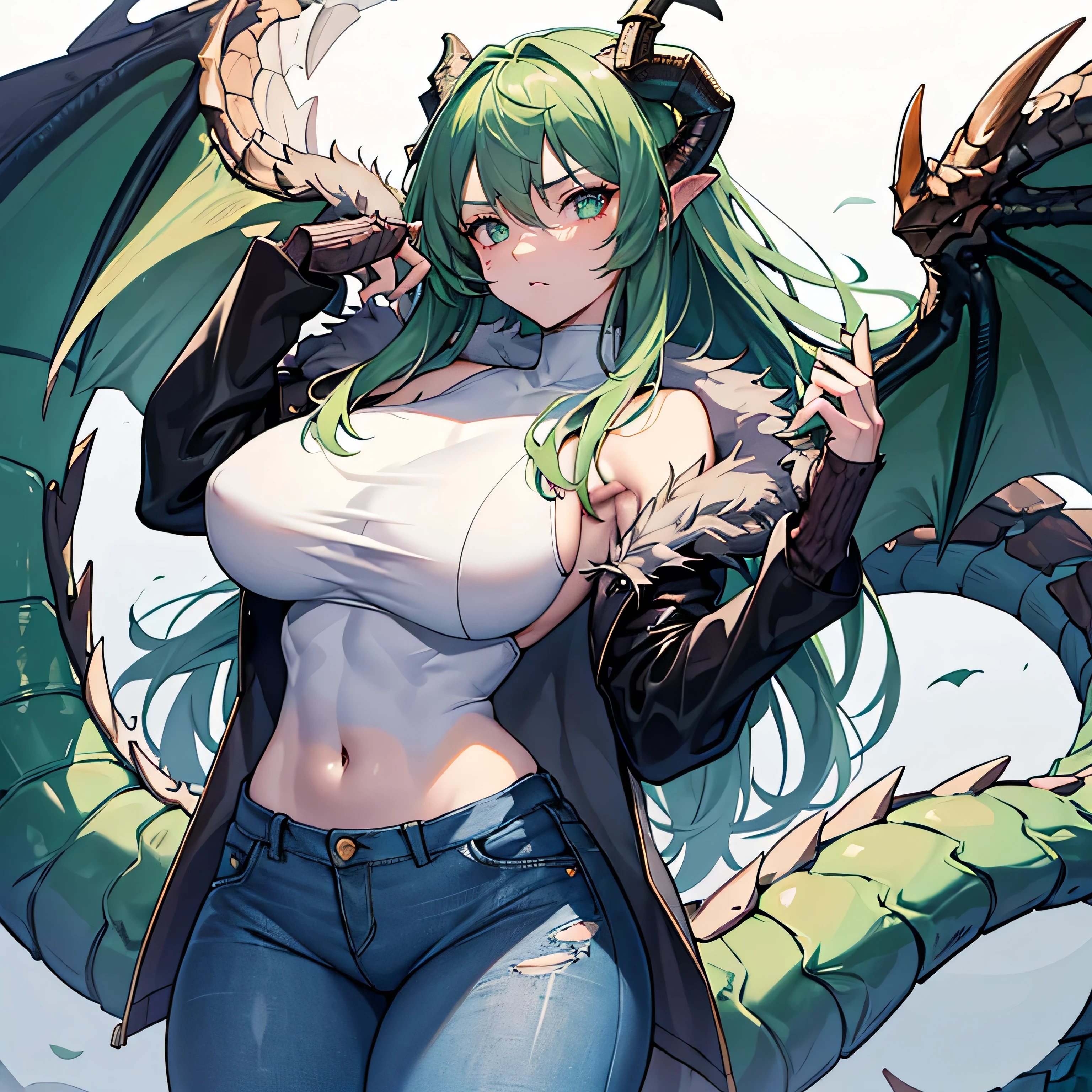 (High resolution, best quality, masterpiece), detailed, ultra detail, 1female, physically fit, curvy, slender body, fierce expression, bright eyes, (detailed eyes), green hair, long length hair, full body, ((dragon horns)), ((face: dragon scales)), face covered in scales, ((topwear: fur lined coat, bottomwear: tight jeans)), snow background, part draconic, somber expression, inhuman, reptilian skin