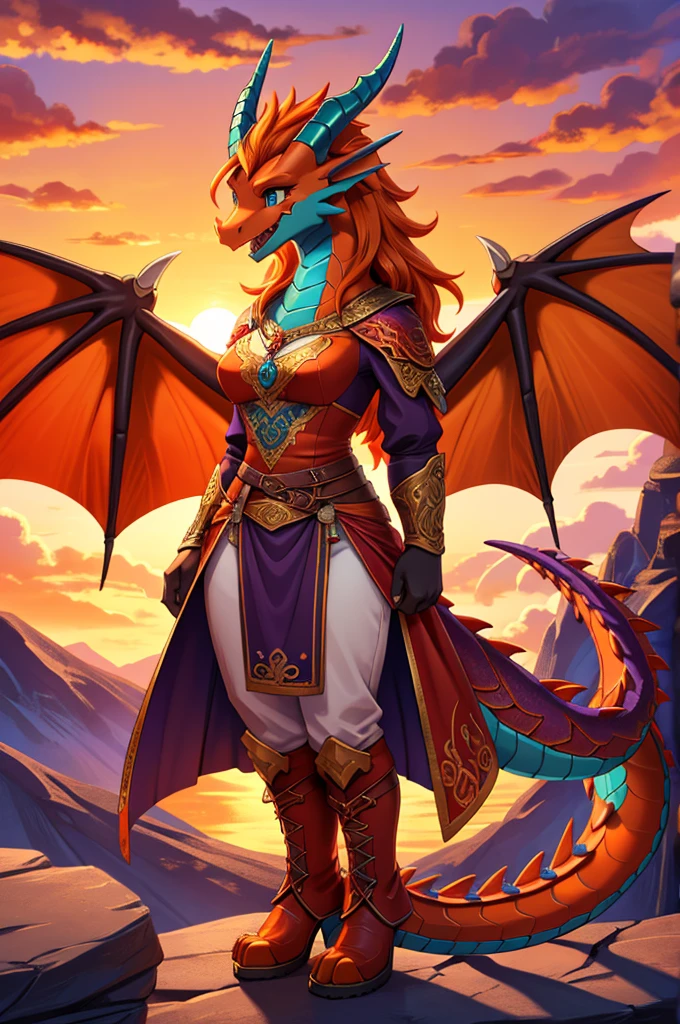 close up portrait, zoomed in image, bright colors, fantasy style art, beautiful anthropomorphic female dragon, mature and young, tall character, 5 feet 11 inches tall, dragon body, dragon head, dragon snout, dragon eyes, dragon skin, teal eyes, orange skin, long wavy bright orange hair, shapely body, skinny body, healthy body, modest clothes, chaste, large bust, correct anatomy, orange scaly dragon skin, highly detailed scales, covered in orange scales, purple and red warrior outfit, ornate red clothes, fancy purple patterns and symbols, 2 red dress coattails hanging down her sides, high brown leather boots, long draping red sleeves, 2 large orange dragon wings, wings on both sides, orange dragon horns, smiling, joyful expression, happy, open mouth, big expressive smile, wide eyes, standing on top of a mountain, at the mountain peak, sunset, brilliant cloudy sky, sunset lighting up the clouds, high quality digital art, 2k, professional illustration, highly detailed