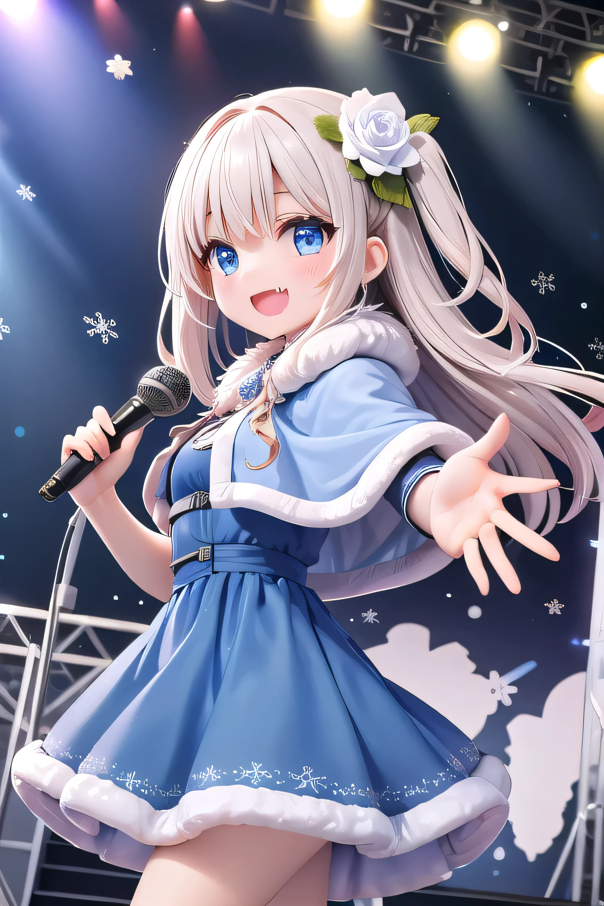 girl,audience,blue capelet,blue dress,blue eyes,capelet,catwalk (walkway),dot nose,dress,dutch angle,fang,film grain,flower,from side,fur-trimmed capelet,fur-trimmed dress,fur trim,glowstick,hair down,hair flower,hair ornament,holding,holding microphone,idol,idol clothes,lens flare,long hair,looking at viewer,microphone,open mouth,outstretched arm,rose,smile,snowflakes,solo,sparkle,stage,stage lights,star (symbol),white flower,white rose ,