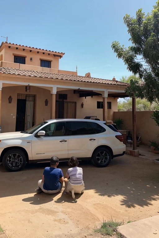 una casa grande con una familia de 5 integrantes con un perro y un carro