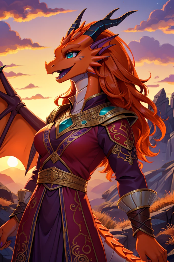 close up portrait, zoomed in image, solo character, facing viewer, looking at viewer, bright colors, fantasy style art, beautiful anthropomorphic female dragon, mature and young, tall character, 5 feet 11 inches tall, dragon body, dragon head, 1 dragon tail, dragon snout, dragon eyes, dragon skin, teal eyes, orange skin, long wavy bright orange hair, shapely body, skinny body, healthy body, modest clothes, chaste, large bust, orange scaly dragon skin, highly detailed scales, covered in orange scales, purple and red warrior outfit, ornate red clothes, fancy purple patterns and symbols, 2 red dress coattails hanging down her sides, high brown leather boots, long draping red sleeves, 2 large orange dragon wings, wings on both sides, orange dragon horns, smiling, joyful expression, happy, open mouth, big expressive smile, wide eyes, standing on top of a mountain, at the mountain peak, sunset, brilliant cloudy sky, sunset lighting up the clouds, high quality digital art, 2k, professional illustration, highly detailed