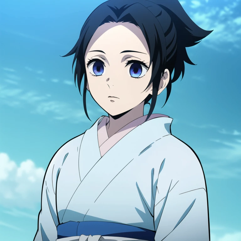 (masterpiece:1.3), (best quality:1.3), official art, super detailed, (solo), high detail, Soft Lighting, 16K, high Resolution, high detail skin, perfect skin, RAM Photo, Real Photo, creamy pale skin, (sky blue gradient kimono with white patterns), (1boy), extremely detailed CG unity 8k wallpaper, ultra detailed, (short hair), (hime cut hair),(short ponytail), (two colored hair, black hair, sky-blue hair), (sky-blue hair streaks), young-adult, looking directly at viewer, demon slayer rui fanart, (anime screencap), (fake anime screenshot), (sharp focus)