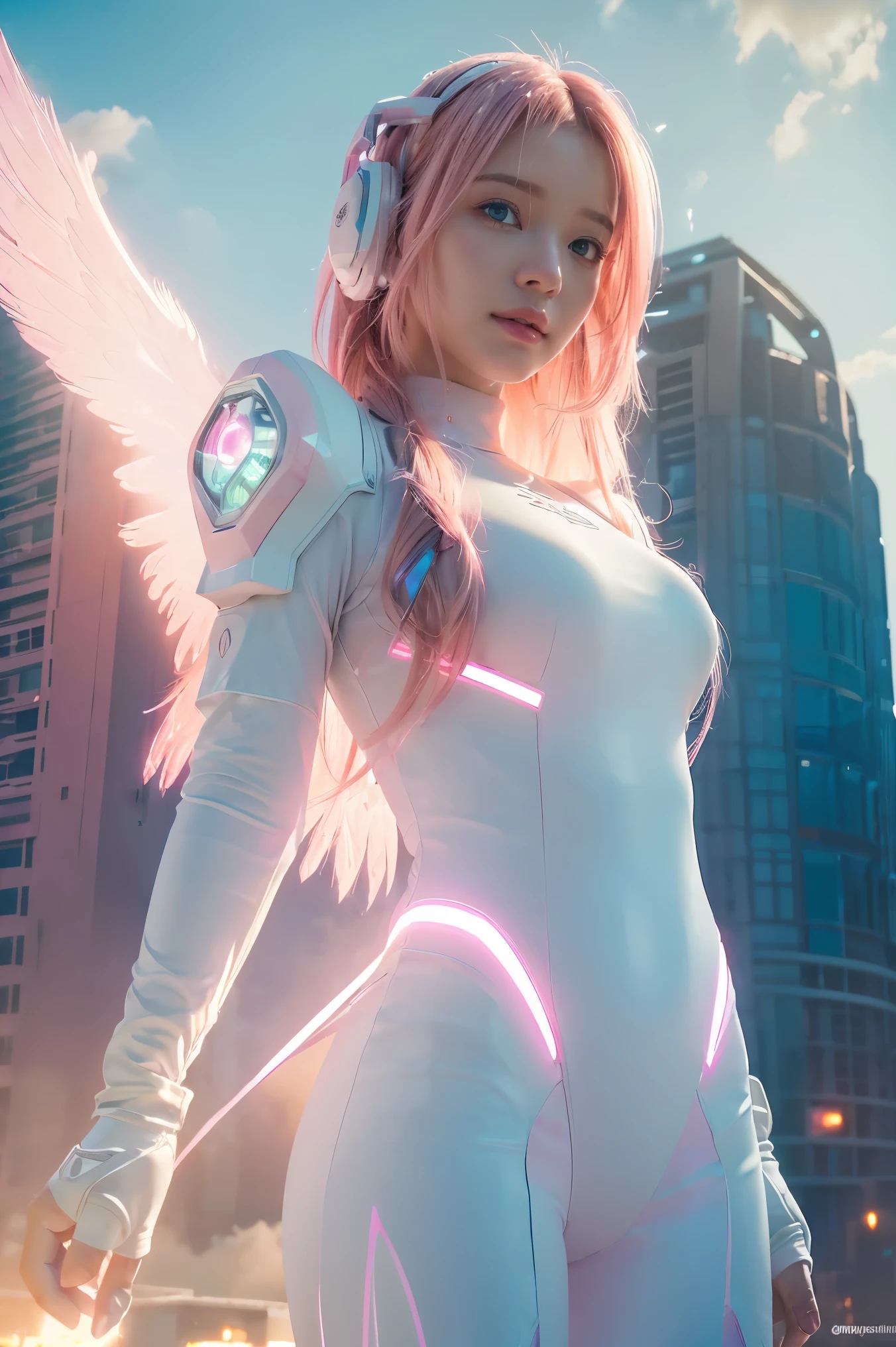 ((masterpiece, best quality, extremely detailed), volumetric lighting, ambient occlusion, colorful, glowing), 
1girl, solo, young girl, (pink hair), long hair, halo, aura, sacred, godness, cyber suit, (white outfit:1.3), android, bot, angel wings,
outdoors, sunset, sky, clouds, space, (cyberpunk theme:1.2),