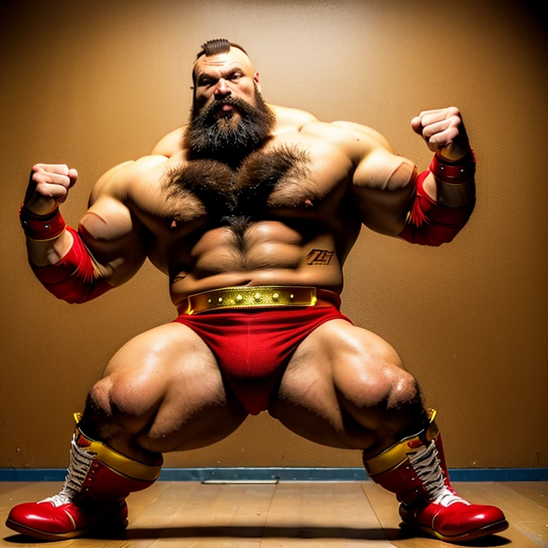 zangief,a man with a beard and a golden belt, fighting game character, street fighter 5,muscled humanoid,heavy looking,buff man,wrestler,Red short briefs,capcom,street fighter,shirtless,muscular male,chest hair,visually weighty,bearded man,mohawk hair,no wristband,Red Wrestling Boots,best quality