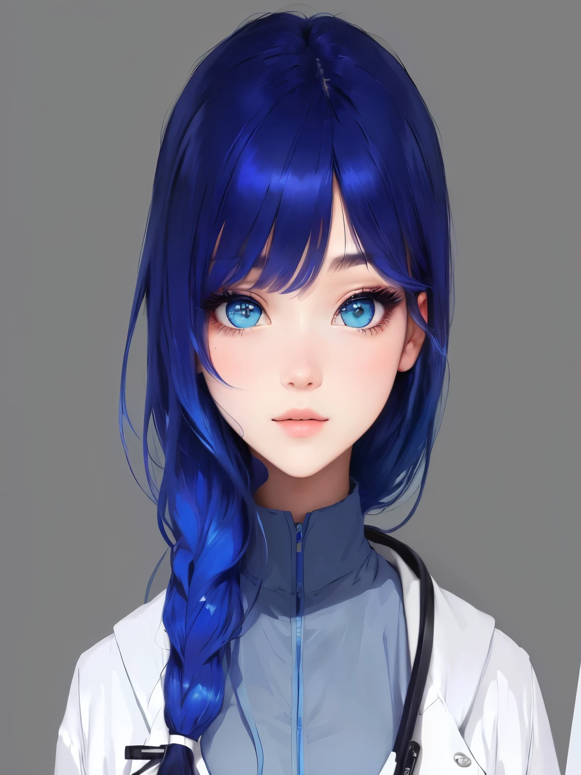 beautiful girl with blue hair and a white coat,moe artstyle, in an style, 2 d style, realistic
