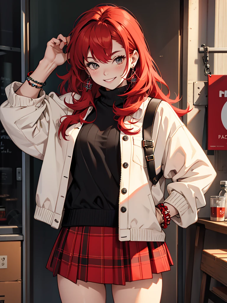 ((Best quality)), ((masterpiece)), top quality), standing alone,fluffy red hair, smiling, red plaid skirt, bracelets, earrings, black sweater, woman