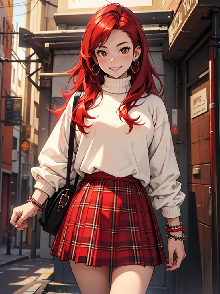 ((Best quality)), ((masterpiece)), top quality), standing alone,fluffy red hair, smiling, red plaid skirt, bracelets, earrings, black sweater, woman