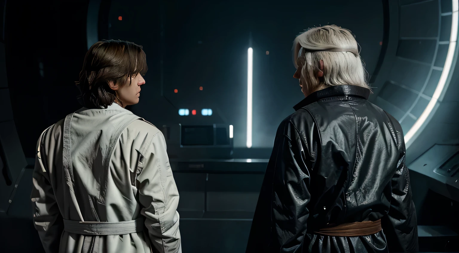 Marty McFly and Doc Brown from Back to the Future, with Marty as a young man with dark brown hair and Doc Brown as an older man with white hair. Both are wearing Jedi robes, resembling characters from Star Wars. The scene is depicted in a detailed and realistic 3D style.