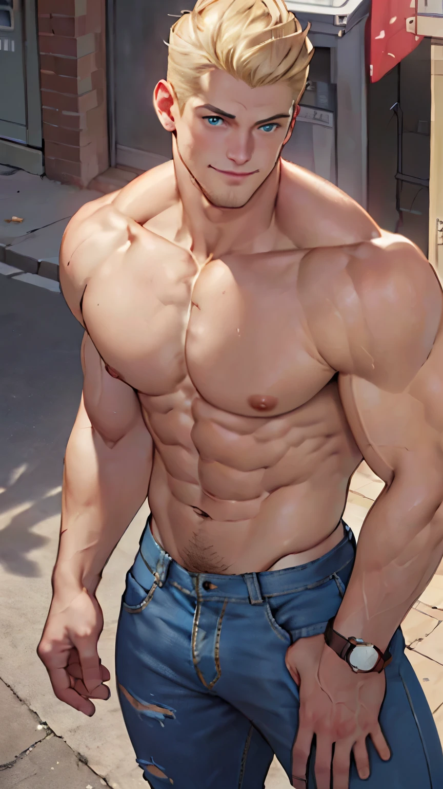 ((the best quality)), ((Masterpiece)), (details), perfect face, high definition, Masterpiece,4k,details clearly, Handsome face, white skin, perfect body, male body, strong muscles, abdomen, blue eyes, white skin, The most handsome man in the world, handsome, The coolest face, Male characters, close image (1man, shirtless), young man, mischievous smile, Extremely muscular tall man, open your eyes ((detailed eyes)), huge, muscular body and Massive, bulging pecs, muscular abs, narrow waist, short hair, blue eyes, delicate big eyes, carefree expression, clear face, handsome (detailed face, perfect face) ((extremely realistic shadows, bodybuilding posture, human, V shape, athletic pants, athletic, Shirtless, Sunlight, Street, lower pants, topless, close up look, CG sense, Textured skin, the best quality, Storytelling images, show Panty line, Show your abs, Blonde hair, shining blue eyes, eyes contact, Light Blonde hair color, breaking out of prison